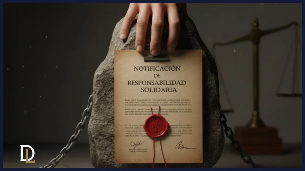 Una mano de traje sujeta con fuerza un documento de Notificación de Responsabilidad Solidaria