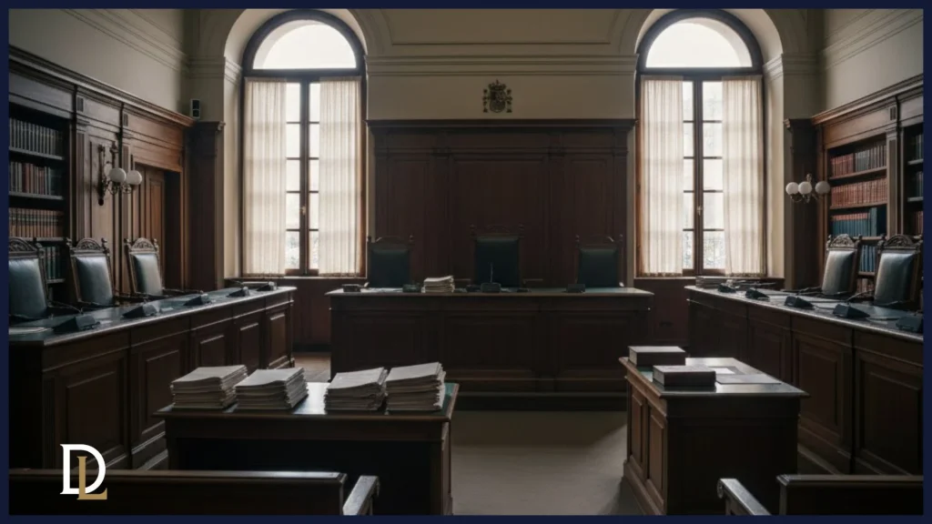 Interior de una sala de vistas de un tribunal económico-administrativo o contencioso-administrativo, donde se resuelven los recursos de derivación de responsabilidad.