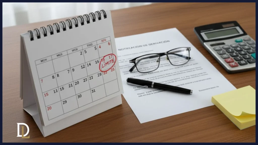 Escritorio con un calendario marcando la fecha límite para recurrir una derivación de responsabilidad y el documento de notificación.