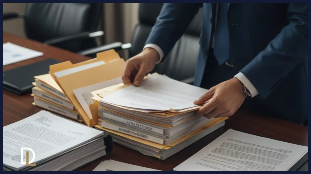 Administrador recopilando documentos y pruebas exculpatorias, como actas y contratos, para la defensa de una derivación.