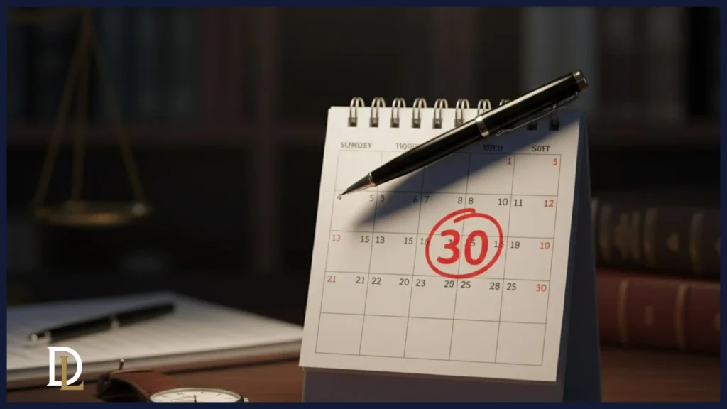 Un calendario de escritorio con una fecha clave marcada en rojo, un bolígrafo sobre él y un reloj de pulsera en la mesa, simbolizando un plazo legal inminente y la urgencia de actuar.
