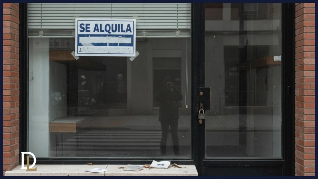 Local de una empresa cerrado con un cartel de 'Se Alquila', simbolizando el error fatal de cesar la actividad sin regularizar las deudas fiscales.