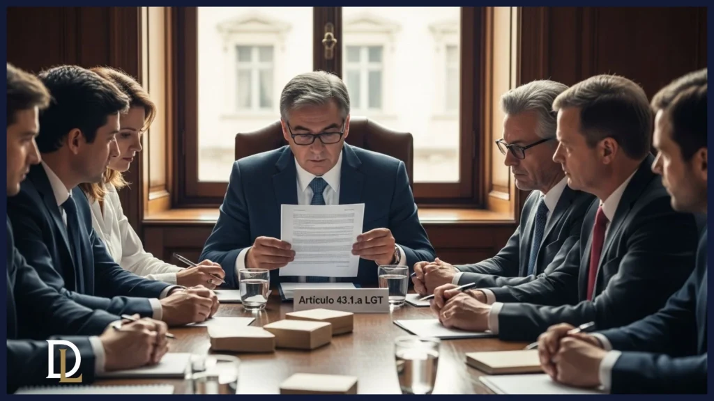 Administrador revisando documentación legal sobre responsabilidad tributaria del artículo 43.1.a LGT