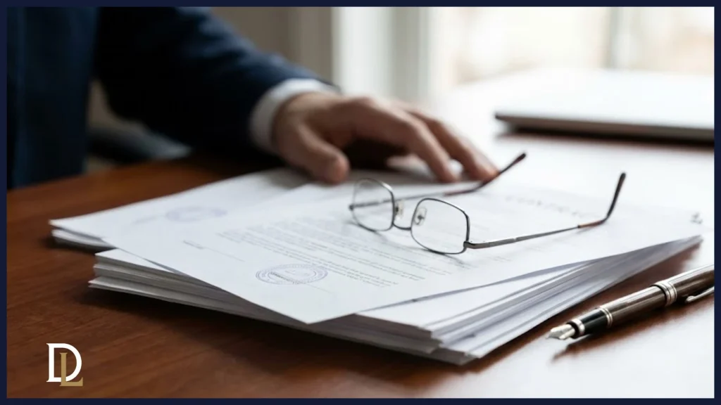 Primer plano de un escritorio de abogado con documentos legales, gafas de lectura y una pluma estilográfica, simbolizando el estudio de un expediente de derivación de responsabilidad.