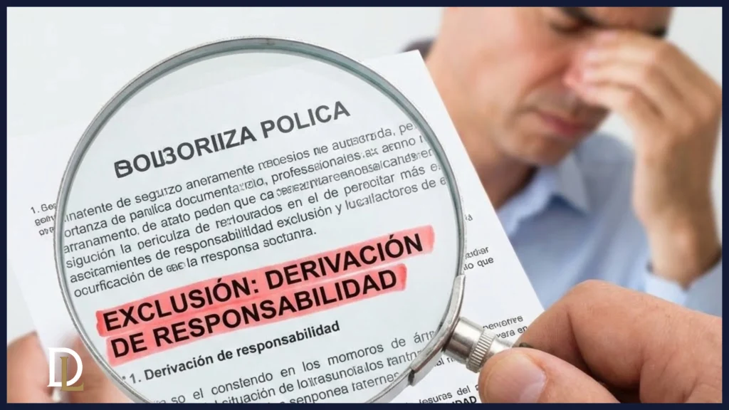 Detalle de una póliza de seguro D&O con la cláusula de exclusión de derivación de responsabilidad resaltada.