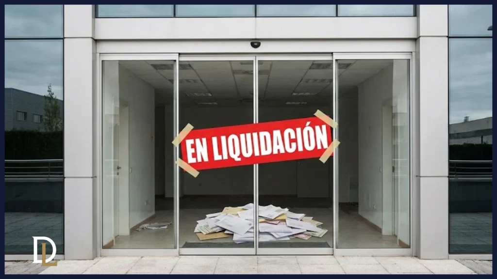 Entrada de un edificio de oficinas con un cartel de "EN LIQUIDACIÓN" y una pila de facturas sin pagar en el suelo, representando la causa de la derivación de responsabilidad.