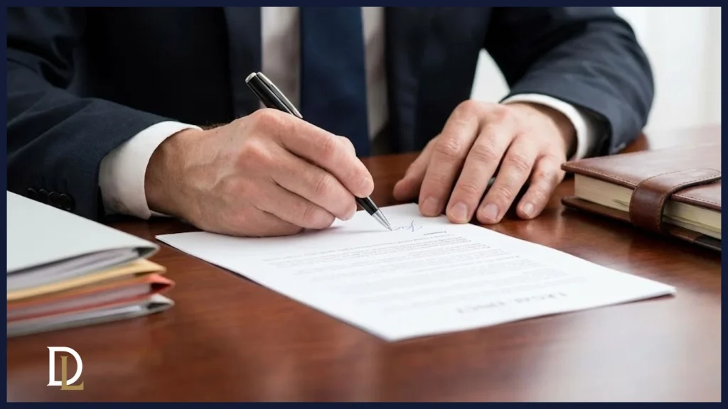 Primer plano de un administrador de empresa firmando un documento legal en un escritorio, simbolizando el registro y la prueba documental de la diligencia debida.